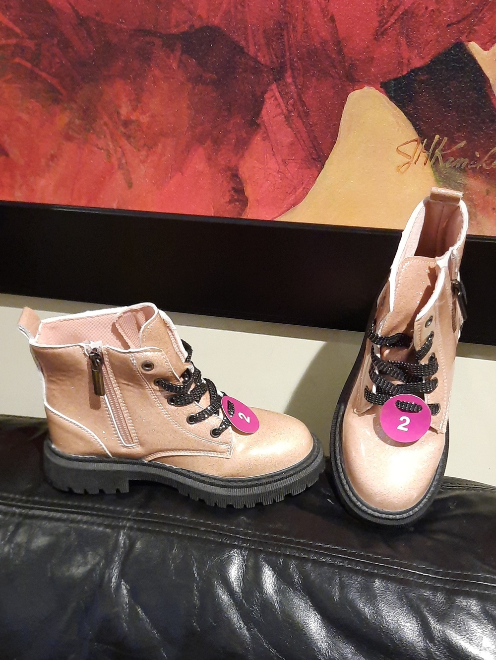 Kid's Girl's Metallic Rose Gold Combat Boots W/Side Zipper Sparkle Laces Size 2